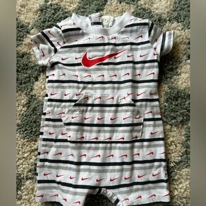 Nike, short sleeve, baby romper, onesie, bodysuit, white, black, and gray stripe